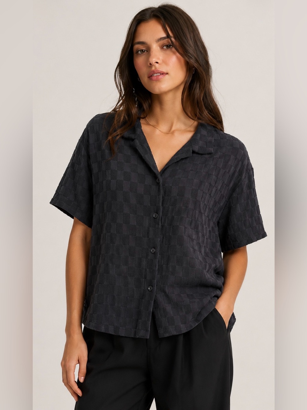 SKATIE Black Checker Button Shirt Small
Made USA